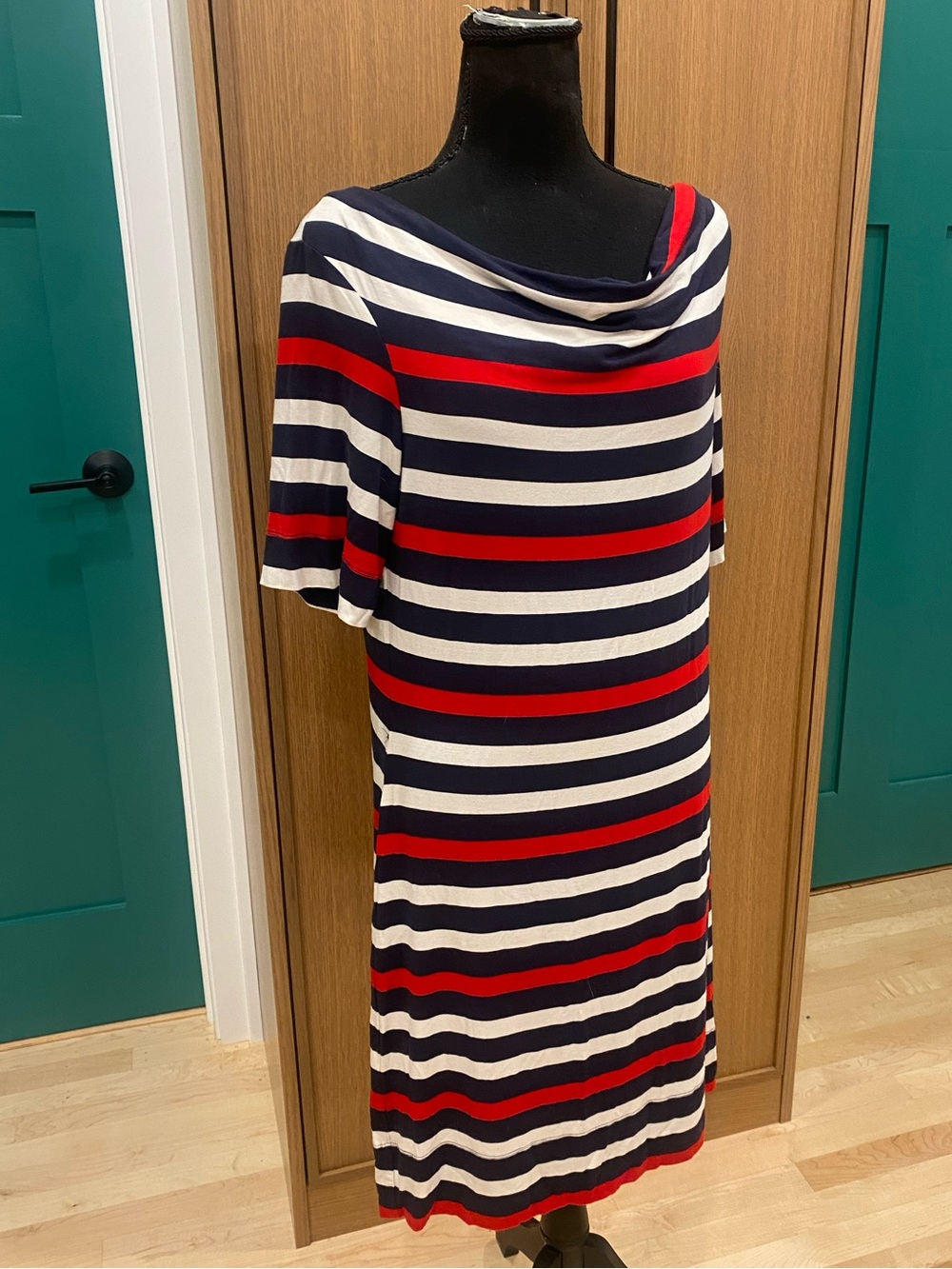 Navy, White & Red Striped Boat Neck Women's Shift Dress
